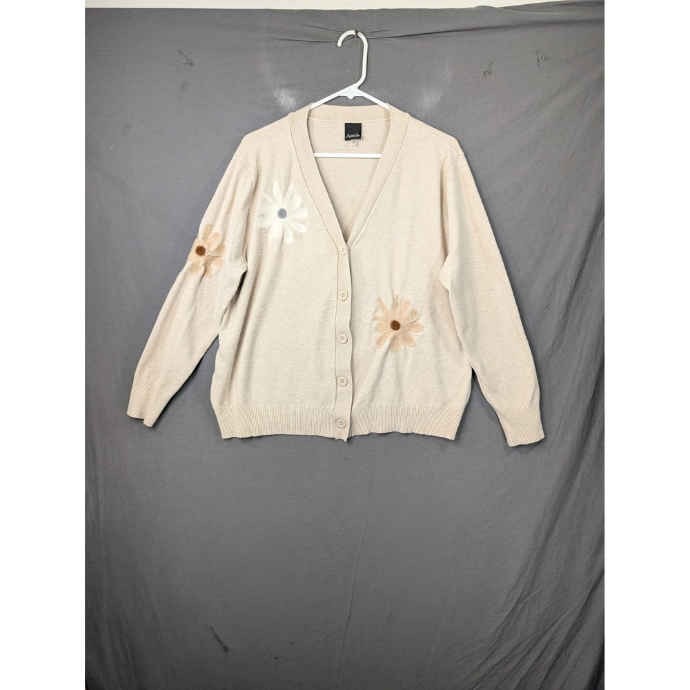 Aaeda Beige Floral Embroidered Cardigan Sweater XL V-Neck Button Front Soft Knit
